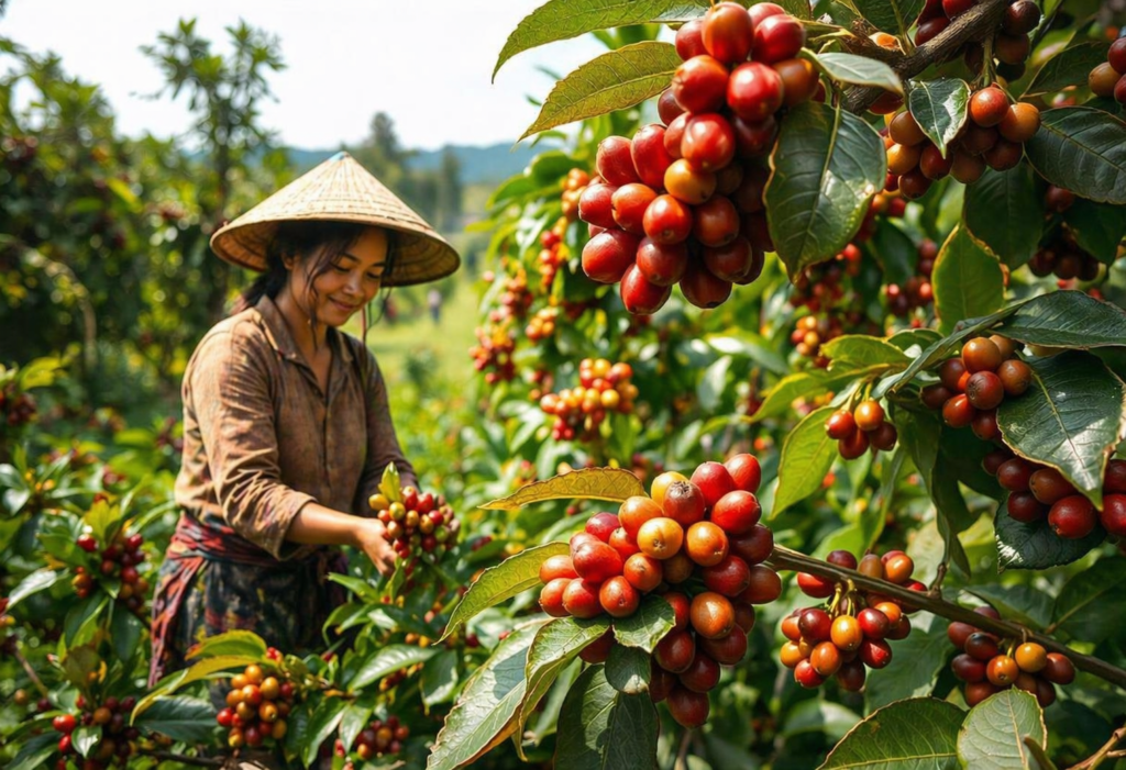 coffee farmers picking red cherries in indonesian plantation