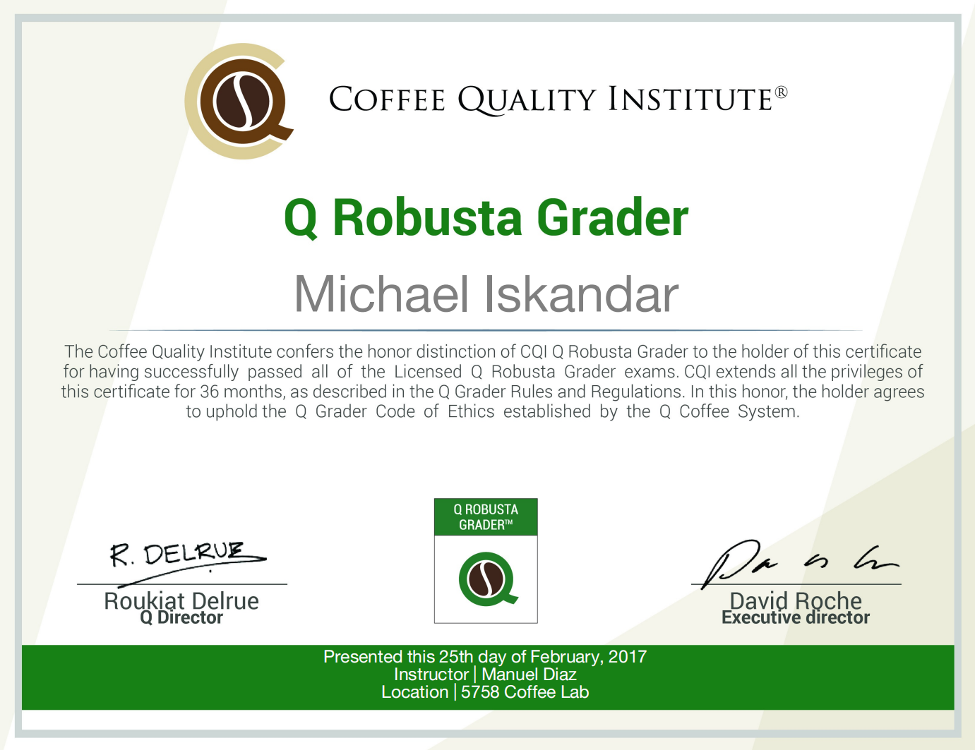 Q Robusta Grader certificate issued by Coffee Quality Institute to Michael Iskandar for professional coffee grading qualification