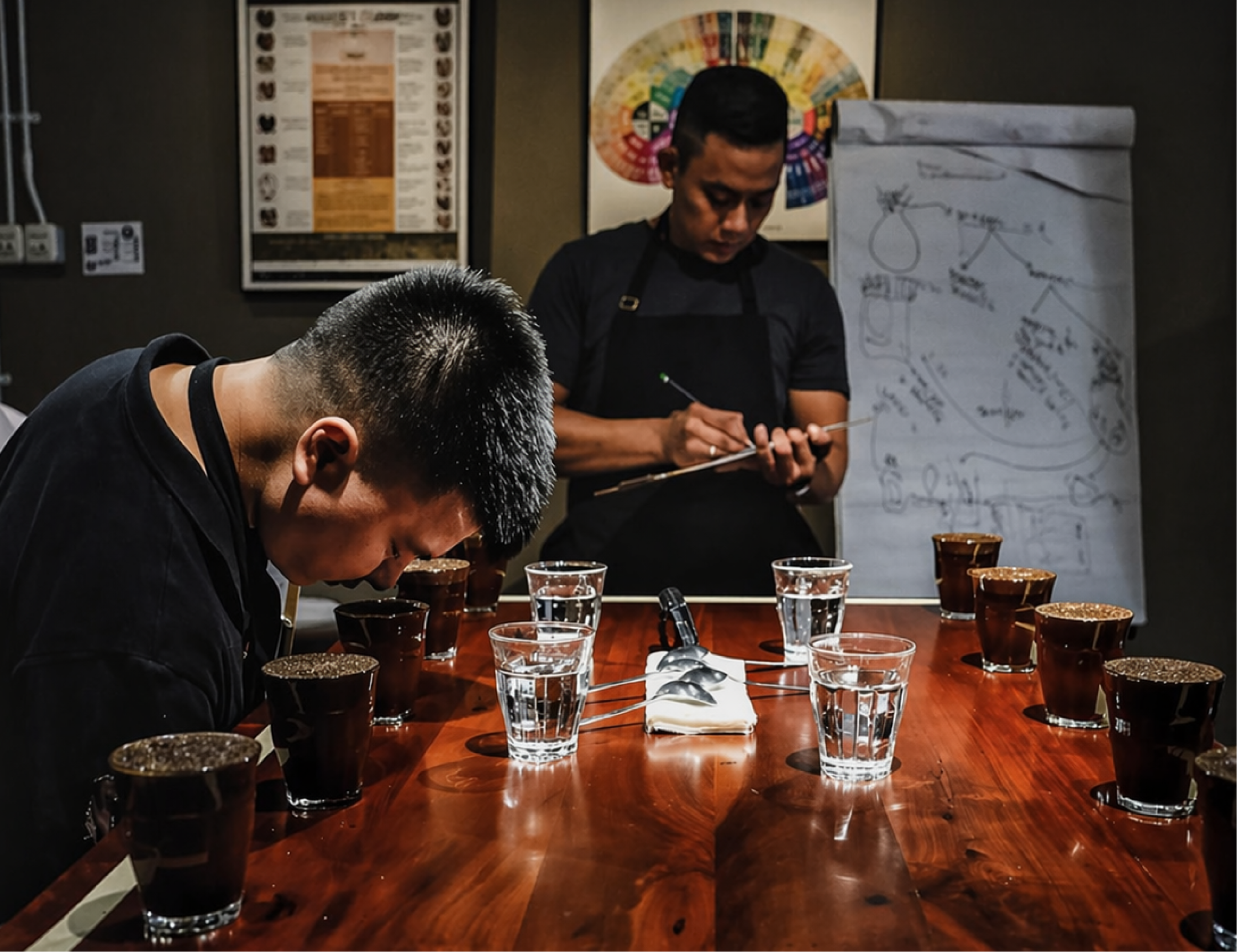 Q-Grader evaluating coffee through professional cupping session with multiple samples
