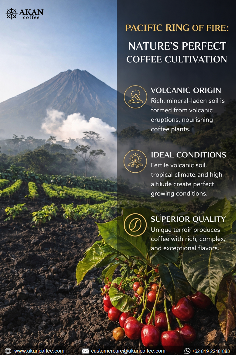 Volcanic coffee plantation in Indonesia with fertile soil and mountain landscape
