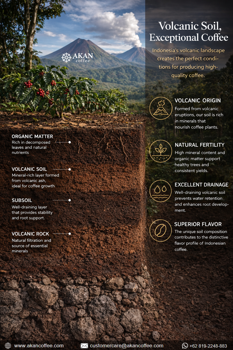Layered volcanic soil structure supporting coffee plant growth in Indonesia