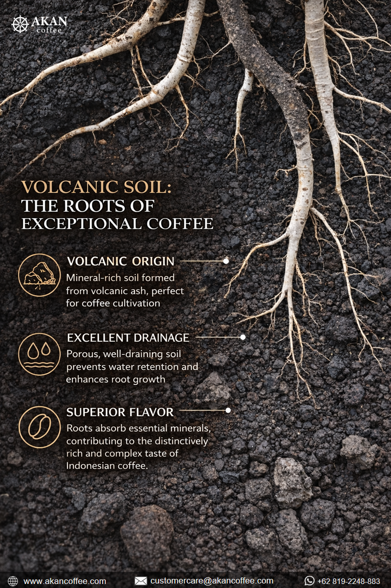 Coffee plant roots growing in mineral-rich volcanic soil