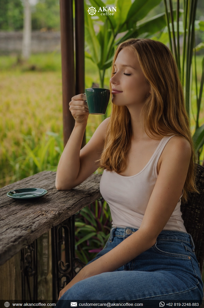 Woman enjoying a cup of coffee in a tropical natural setting