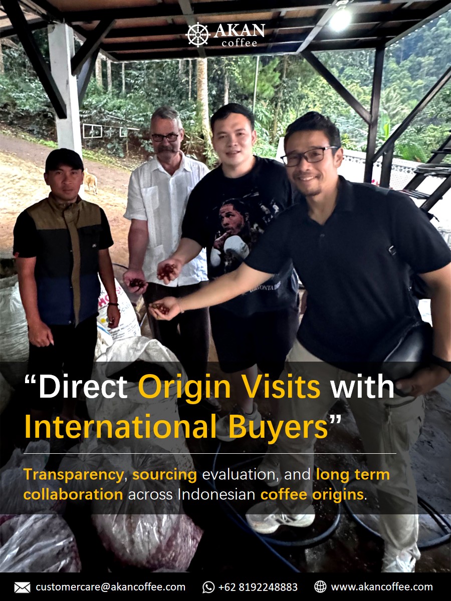 International coffee buyers visiting Indonesian coffee origin with AKAN Coffee team for direct sourcing and coffee evaluation.