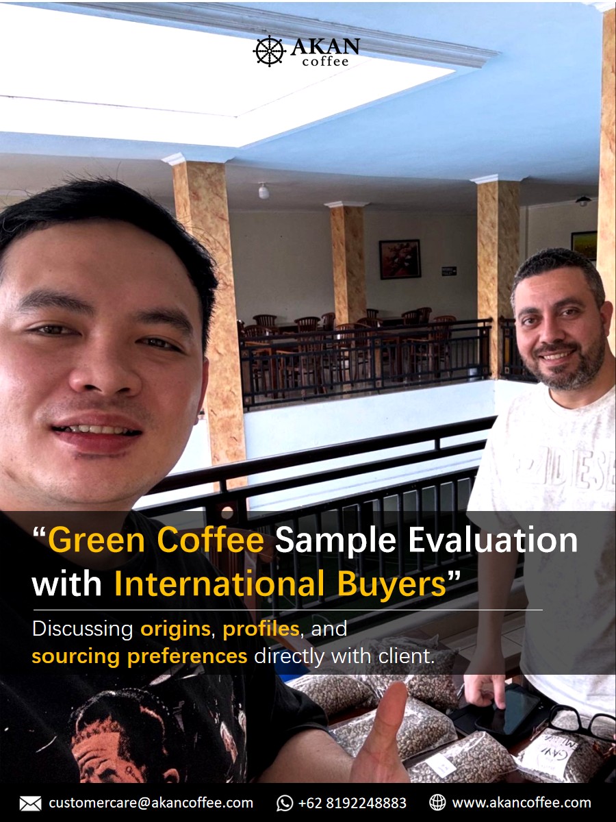 Green coffee sample evaluation meeting between AKAN Coffee and international buyer discussing Indonesian coffee origins and sourcing preferences.