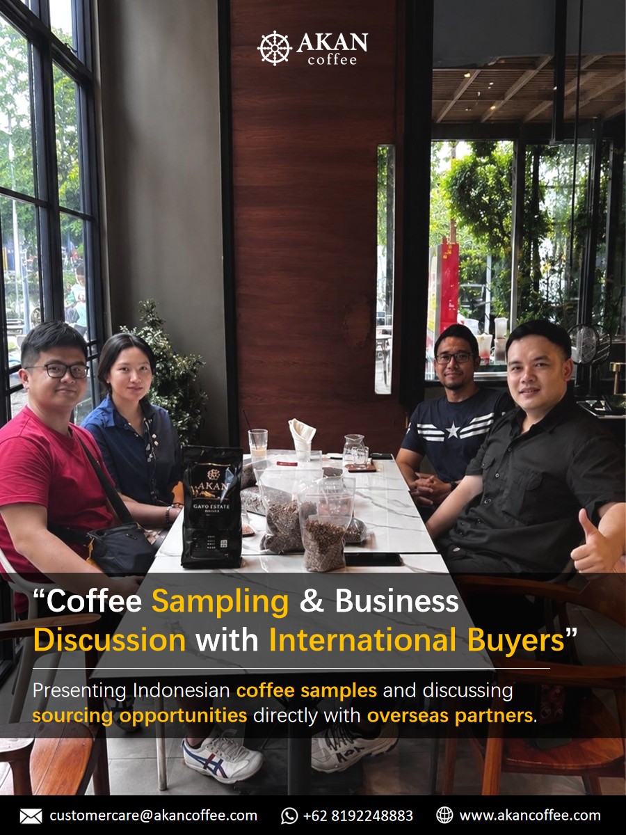 Coffee sampling session with international buyers reviewing Indonesian coffee samples and discussing sourcing opportunities.